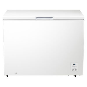 Hisense 300L hybrid chest freezer in white with closed lid, front view