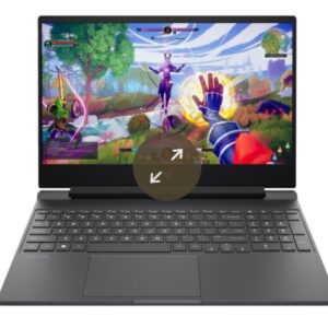 HP Victus 15.6-inch laptop open on desk showing vibrant gaming graphics on screen