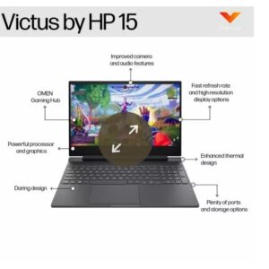 Close-up of HP Victus gaming laptop keyboard and screen with dimensions showing modern design