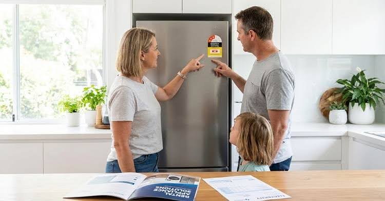 Family in kitchen pointing at an energy-efficient refrigerator with an energy rating label.