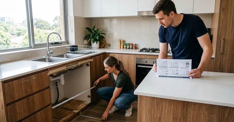 A man and woman measuring for a dishwasher in a modern kitchen. The woman crouches, measuring the cabinet.