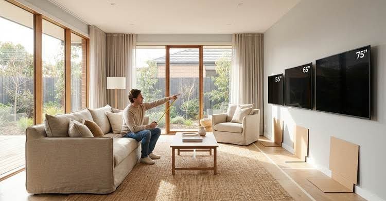 Man on sofa comparing 55-inch, 65-inch, 75-inch, and 85-inch TVs for the ideal viewing distance.