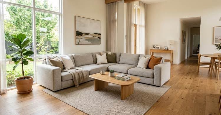 A bright living room with a large gray sectional sofa, wooden coffee table, fiddle-leaf fig, and big windows.