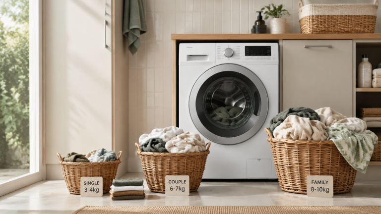 Front-loader washing machine with laundry baskets showing 3–4 kg, 6–7 kg, and 8–10 kg capacities for singles, couples, and families.