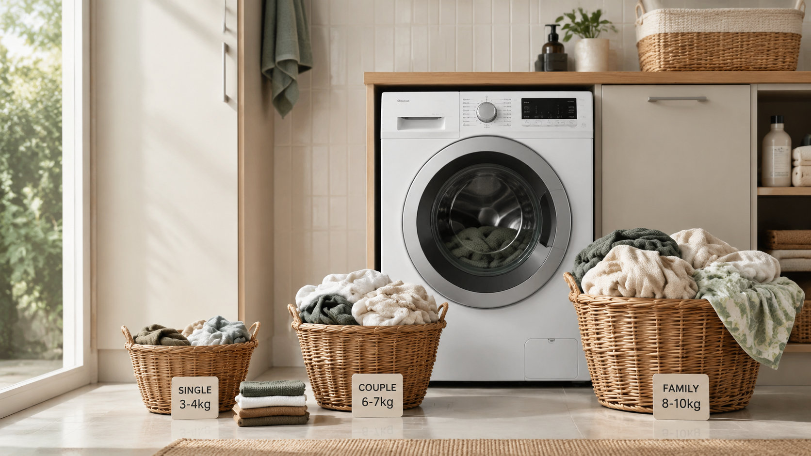 Front-loader washing machine with laundry baskets showing 3–4 kg, 6–7 kg, and 8–10 kg capacities for singles, couples, and families.